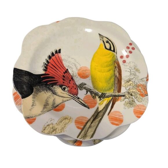 Anthropologie "On Safari" Salad Plates Scalloped Edge Birds Set of 4, Y2K EUC - Picture 1 of 10